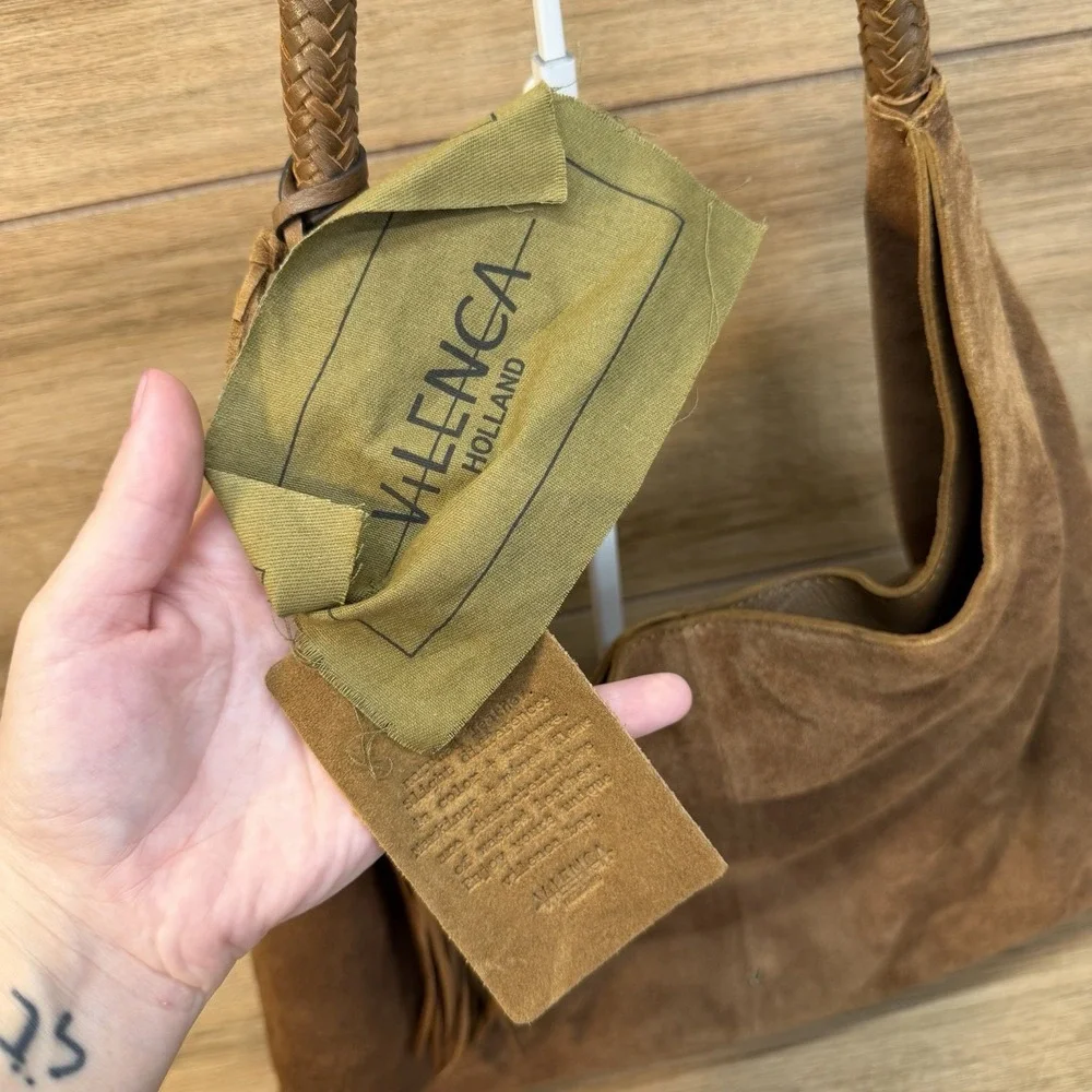 Vilenca Holland Suede Slouchy Hobo Shoulder Bag Brown Boho Whipstitch Tassel